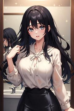 鏡の前で髪をチェックしている40代女性