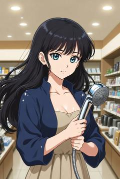 シャワーヘッドを手に取って迷っている女性