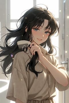 明るい浴室で髪をやさしく梳く女性