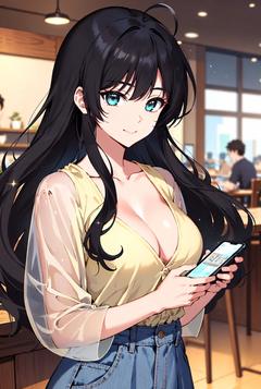 スマホで口コミを確認しながらうなずいている女性