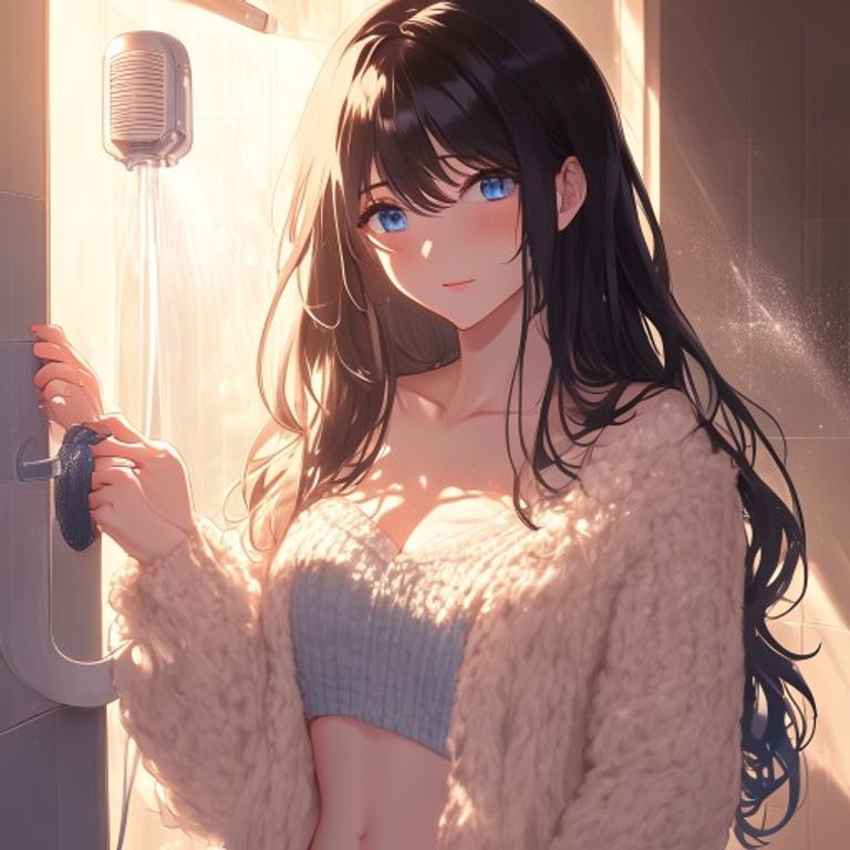 シャワーヘッドを手に穏やかに語る女性