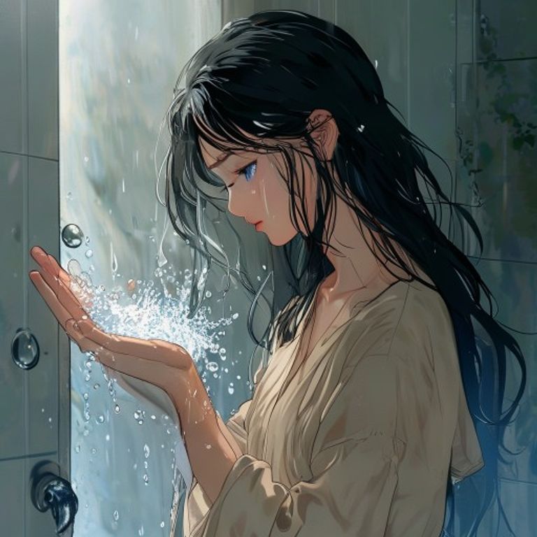 手のひらでシャワーの水を確かめる女性