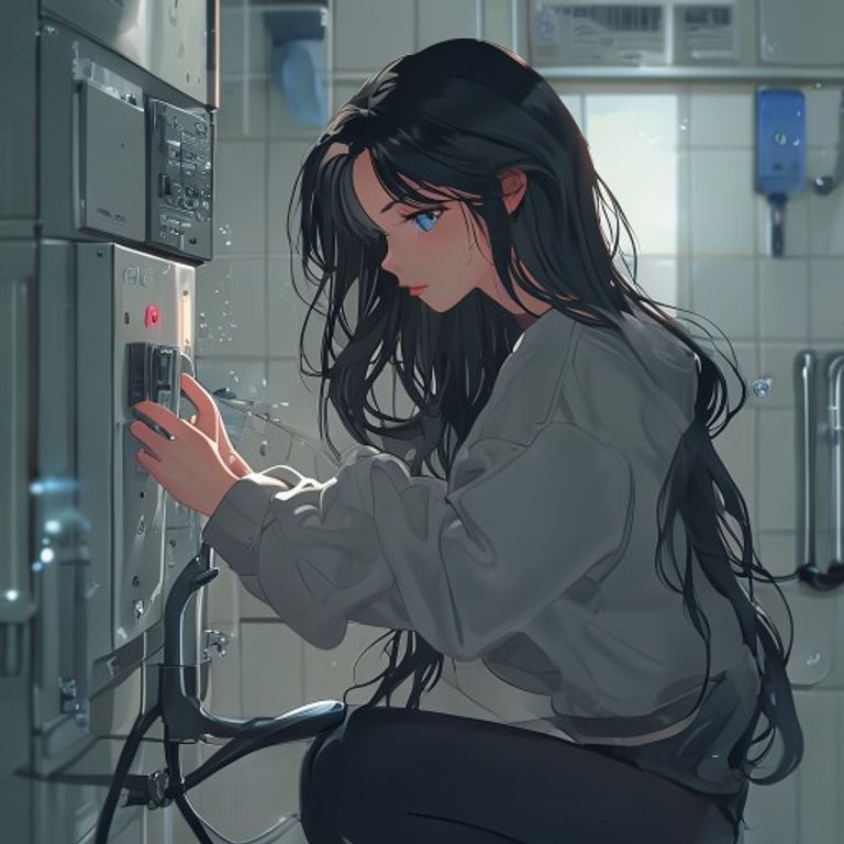 給湯器の温度を調整する女性